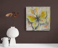 YELLOW BUTTERFLY - schickes Schmetterlingsbild auf Leinwand 20cmx20cm mit goldfarbigen Effekten -