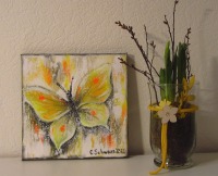 YELLOW BUTTERFLY - schickes Schmetterlingsbild auf Leinwand 20cmx20cm mit goldfarbigen Effekten -