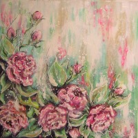 SOFT PINK ROSES - romantisches Blumenbild mit Glitter 60cmx60cm - abstrakt gemalte Rosen von