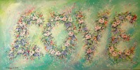 LOVE - romantisches Blumenbild mit Glitter 100cmx50cm - rosa Rosen und Glockenblumen gemalt mit