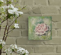 STOLZE ROSE - kleines Rosenbild auf Leinwand 20cmx20cm mit Glitter im Shabby Look - Künstlerin