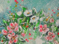 BLÜTENHERZ mit Apfelblüten und Gänseblümchen mintfarbig - romantisches Blumenbild mit Glitter