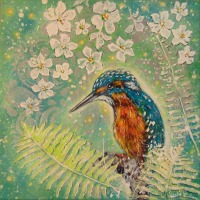 SPRING MAGIC KINGFISHER - gemalter Eisvogel mit Kirschblüten und Farn 30cmx30cm 5