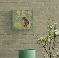 SPRING MAGIC KINGFISHER - gemalter Eisvogel mit Kirschblüten und Farn 30cmx30cm 2