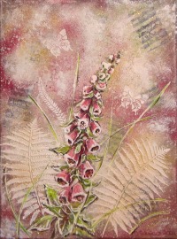 FOXGLOVE AND FERN - Mixed Media Bild mit gemalten Fingerhüten und Farn 30cmx40cm 4