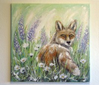 Fuchs in Lupinen und Margeriten - gemalter Fuchs mit Blumen auf Leinwand 60cmx60cm - Christiane