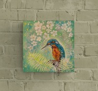 SPRING MAGIC KINGFISHER - gemalter Eisvogel mit Kirschblüten und Farn 30cmx30cm