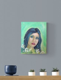 Acrylgemälde HELLEBORUS GIRL - künstlerisches Frauenportrait mit Christrosenblüten auf Leinwand 4