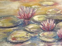 WHISPERING WATER LILIES - abstraktes Acrylbild 80cmx40cm mit rosa Seerosen und Glitter auf Leinwand