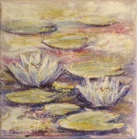 WHITE WHISPERING WATERLILIES - kleines Seerosenbild auf Leinwand mit Glitter im Shabby-Chic-Look -