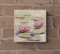 PINK WHISPERING WATERLILIES - kleines Seerosenbild auf Leinwand mit Glitter im Shabby-Chic-Look -