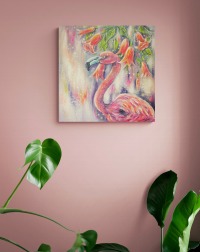 FLAMINGO with tropical flowers - trendiges Leinwandbild 50cmx50cm mit tropischen Blüten 2