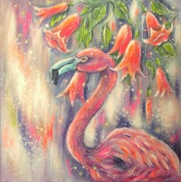 FLAMINGO with tropical flowers - trendiges Leinwandbild 50cmx50cm mit tropischen Blüten 3