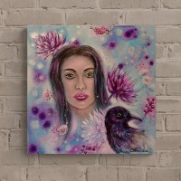 Surrealistische Frauenportrait RAVENGIRL - modernes Acrylbild mit Dahlien und Raben 50cmx50cm