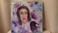 Surrealistische Frauenportrait RAVENGIRL - modernes Acrylbild mit Dahlien und Raben 50cmx50cm 6