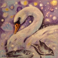 SCHWAN MIT SCHNEEFLOCKEN - Winterbild mit Schwan und Eiskristallen 30cmx30cmx3,8cm 5