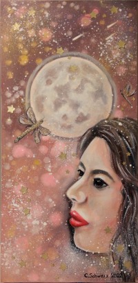 NIGHT OF WISHES - surrealistisches Frauenportrait mit Vollmond auf Leinwand - Acrylmalerei