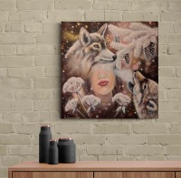 WOLF LADY - Winterbild mit Wölfen und einer Frau auf Leinwand 60cmx60cm - handgemalte Kunst von