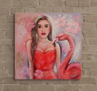 FLAMINGO GIRL - Acrylgemälde mit Flamingo und einer Frau auf Leinwand 60cmx60cm