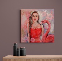 FLAMINGO GIRL - Acrylgemälde mit Flamingo und einer Frau auf Leinwand 60cmx60cm 3