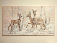 REHE IM SCHNEETREIBEN - schönes Winterbild auf Leinwand 90cmx50cm, gemalt mit Acrylfarben von