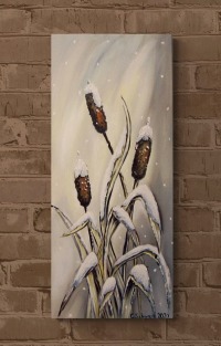 Verschneite Rohrkolben - romantisches Winterbild auf Leinwand mit Strukturpaste 30cmx70cm -