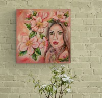 SPRING LOVE - frühlingshaftes Acrylgemälde mit künstlerischem Frauenportrait und Blüten auf