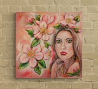 SPRING LOVE - frühlingshaftes Acrylgemälde mit künstlerischem Frauenportrait und Blüten auf