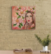 SPRING LOVE - frühlingshaftes Acrylgemälde mit künstlerischem Frauenportrait und Blüten auf