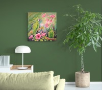 JUNGLE MAGIC - Bild mit grünen Aras und rosa Hibiskusblüten auf Leinwand 80cmx80cm 6