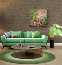 JUNGLE MAGIC - Bild mit grünen Aras und rosa Hibiskusblüten auf Leinwand 80cmx80cm 2