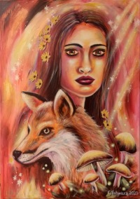 MYSTISCHE BEGEGNUNG - herbstliches Frauenportrait mit Fuchs - glitzerndes Acrylgemälde von