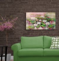 SPÄTSOMMERLICHE ELEGANZ - abstraktes Acrylgemälde mit weißen Seerosen auf Leinwand