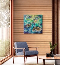 Turtle Bay Romantisches Acrylgemälde auf Leinwand 1m x 1m | Magische Meeresschildkröten in