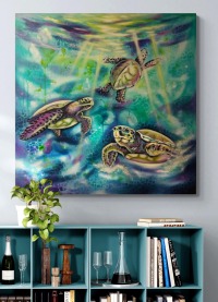 Turtle Bay Romantisches Acrylgemälde auf Leinwand 1m x 1m | Magische Meeresschildkröten in