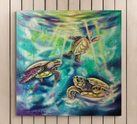 Turtle Bay Romantisches Acrylgemälde auf Leinwand 1m x 1m | Magische Meeresschildkröten in