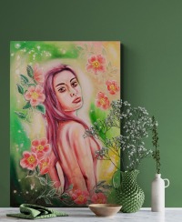 WILDROSEN-NYMPHE ROSALIE - künstlerisches Frauengemälde mit Wildrosen 60cmx90cm - Acrylmalerei