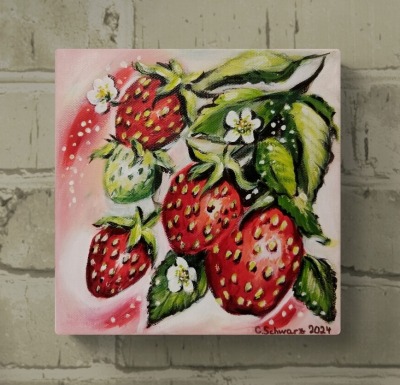 ERDBEEREN - gemaltes Erdbeerbild auf Leinwand 20cmx20cm von Christiane Schwarz