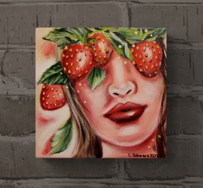 ERDBEERMÄDCHEN - gemaltes Frauenportrait mit Erdbeeren auf Leinwand 20cmx20cm von Christiane Schwar