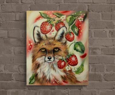 FUCHSTRÄUME - gemaltes Fuchsbild mit Erdbeeren auf Leinwand 50cmx60cm von Christiane Schwarz