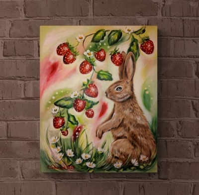 HASE MIT ERDBEEREN - gemaltes Hasenbild mit Erdbeeren auf Leinwand 40cmx50cm von Christiane Schwarz