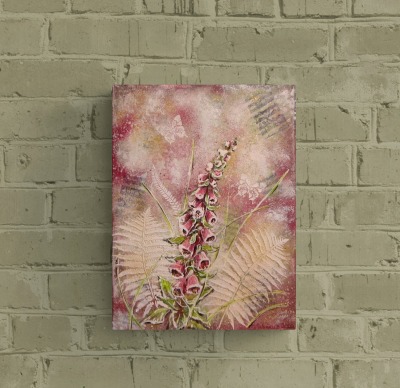 FOXGLOVE AND FERN - Mixed Media Bild mit gemalten Fingerhüten und Farn 30cmx40cm