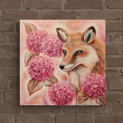 FUCHS MIT HORTENSIEN - Fuchsportrait mit Hortensienblüten auf Leinwand 50cmx50cmx3,7cm