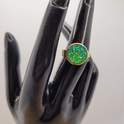 Green Glitter - Ring Cabochon 12mm gold