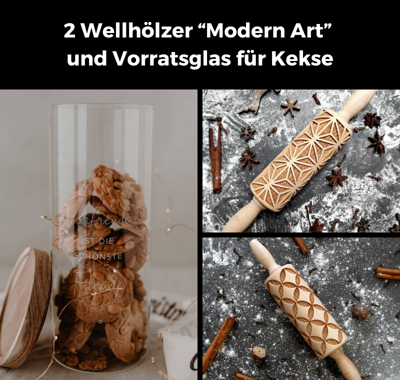 Geschenkpaket 2 Wellhölzer &amp; Vorratsglas für Kekse Modern Art