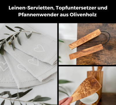 Leinen-Servietten, Topfuntersetzer und Pfannenwender aus Olivenholz - Geschenk-Set für das perfekte