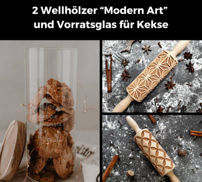 Geschenkpaket 2 Wellhölzer &amp; Vorratsglas für Kekse Modern Art - Perfekt für die kreative Keks