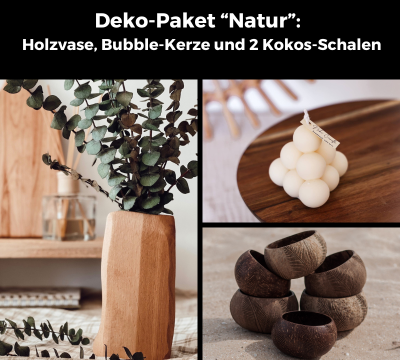 Deko-Paket Natur Holzvase, Bubble-Kerze, 2 Kokosnuss-Schalen - Handgefertigte Unikate für dein
