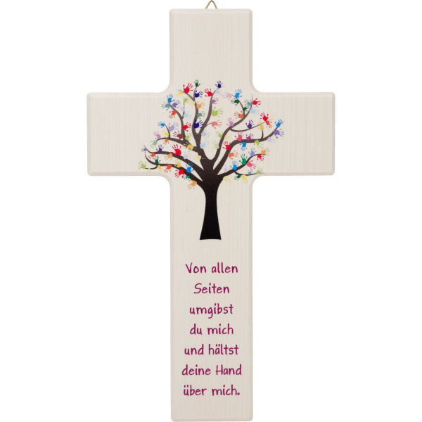 Holzkreuz Lebensbaum bund mit Spruch, Kinderkreuz, Kinderhände Von allen Seiten....