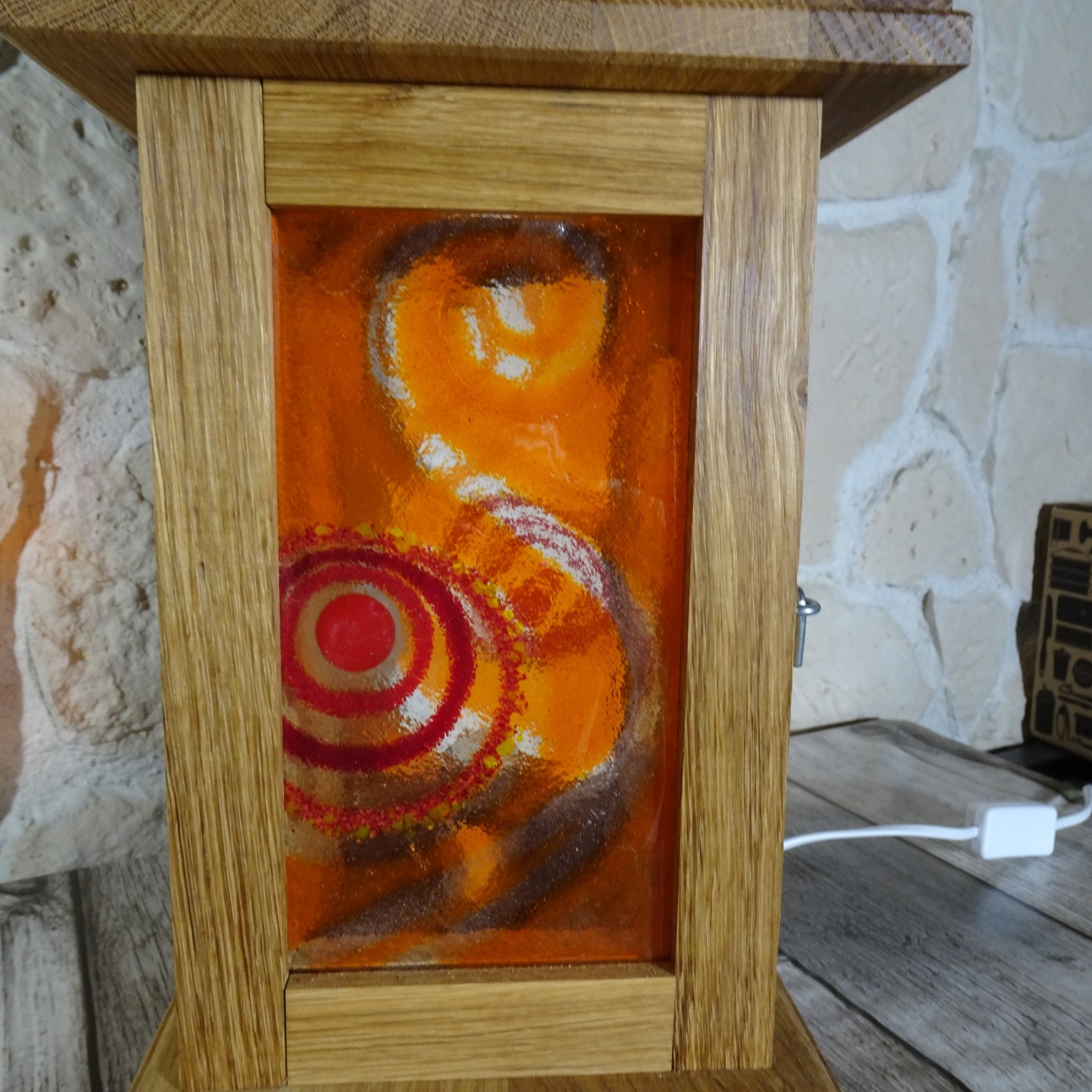 Einzigartige Holzlaterne mit Fusing Glas orange 3